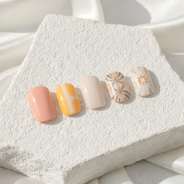 Soft pastel yellow and pink press-on nails with sunbeam art.