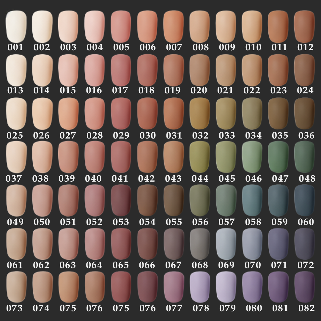 A comprehensive nail polish color chart displaying 82 different matte shades, ranging from light nude and pink to olive green, blue, and deep purple tones, numbered 001 to 082 for easy selection.