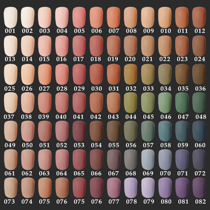 A comprehensive nail polish color chart displaying 82 different matte shades, ranging from light nude and pink to olive green, blue, and deep purple tones, numbered 001 to 082 for easy selection.