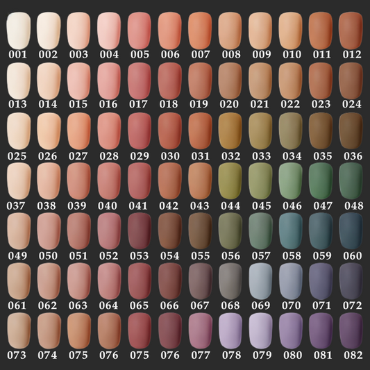 A comprehensive nail polish color chart displaying 82 different matte shades, ranging from light nude and pink to olive green, blue, and deep purple tones, numbered 001 to 082 for easy selection.