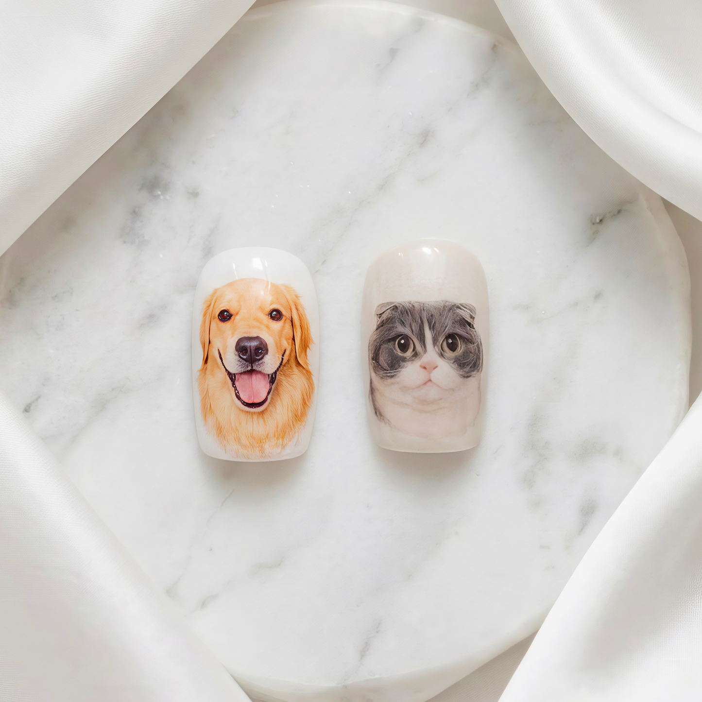 Highly detailed hand-painted press-on nails featuring realistic portraits of a pets.