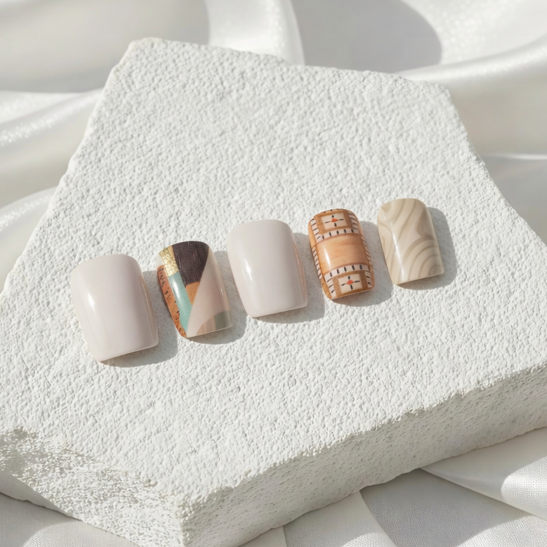 A set of nude and geometric brown-patterned press-on nails displayed on a white textured stone slab.