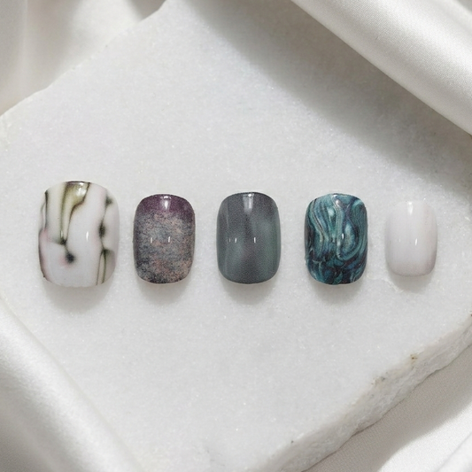 Marbled ocean mist design press-on nails, soft turquoise and white abstract swirl