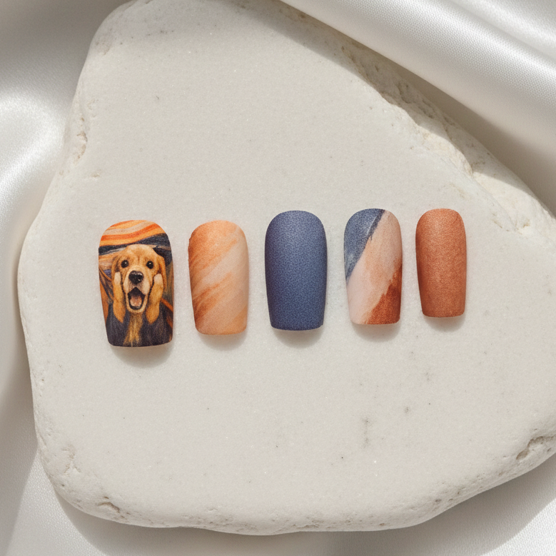Press-on nail set with a golden retriever styled after The Scream, alongside warm-toned marble and matte brown accents.