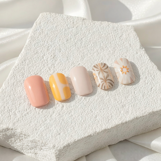 Soft pastel yellow and pink press-on nails with sunbeam art.