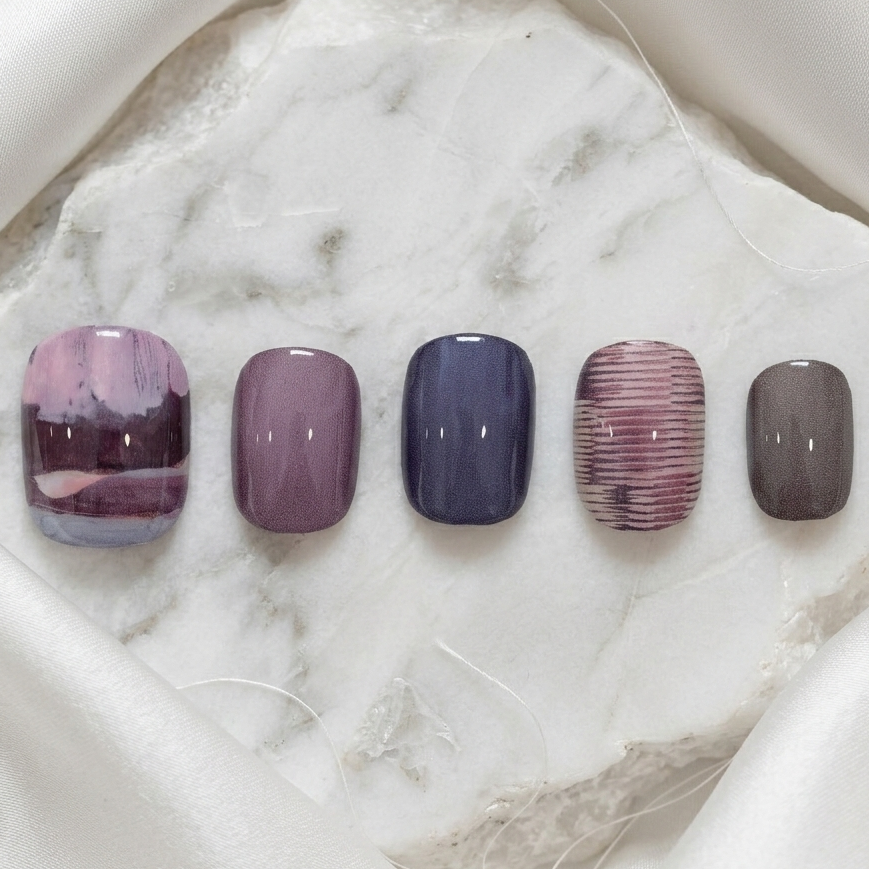 Textured plum and grey abstract brushstroke nail art, hand-painted style press-on set
