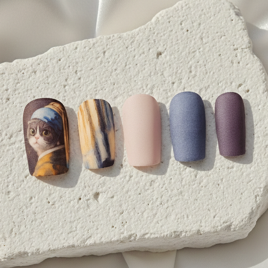 Press-on nails featuring a cat as 'Girl with a Pearl Earring' alongside blue, cream, and purple matte nail tips.