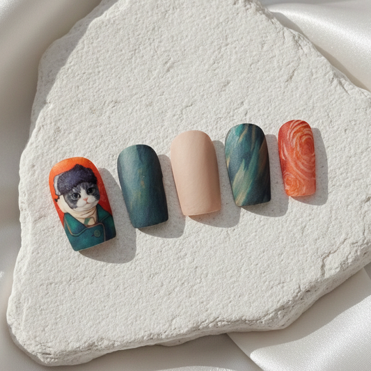 A set of press-on nails with an artistic cat portrait and complementary dark green and terracotta abstract designs.